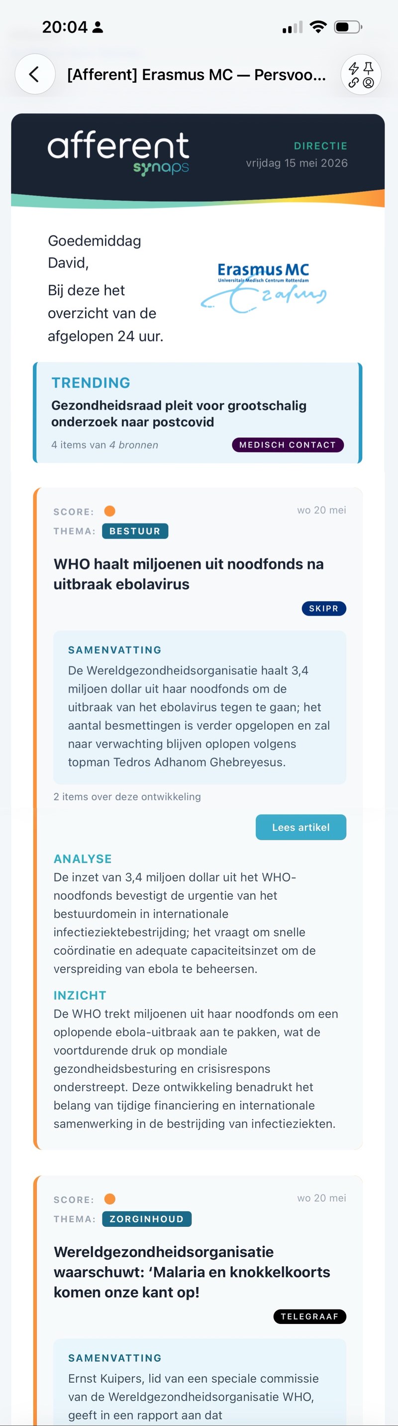 Het Afferent mailbericht op een telefoon